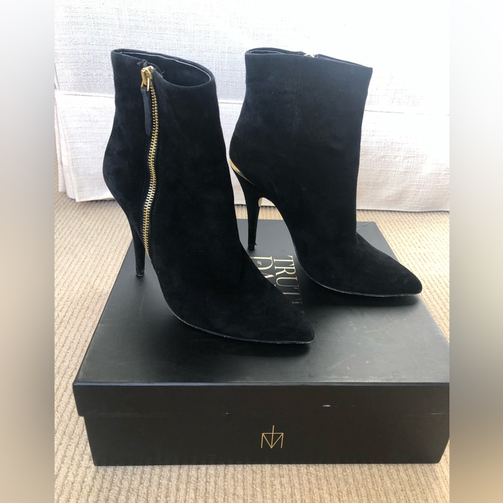 Black Suede ankle boots with gold accents